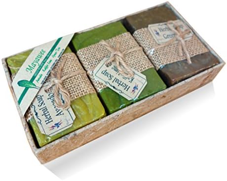 Mayawee Green Machine Handmade Gift-Ready Thai Natural gylcerin-free body soap set, Avocado, Kaffir Lime, Green Tea