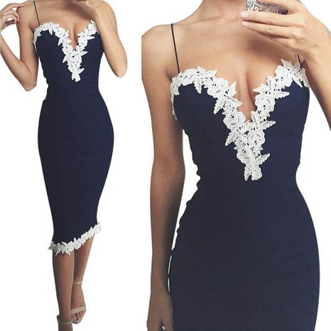 Mosunx Slim Womens Sexy Bodycon V Neck Floral Lace Evening Party Ladies Long Dress