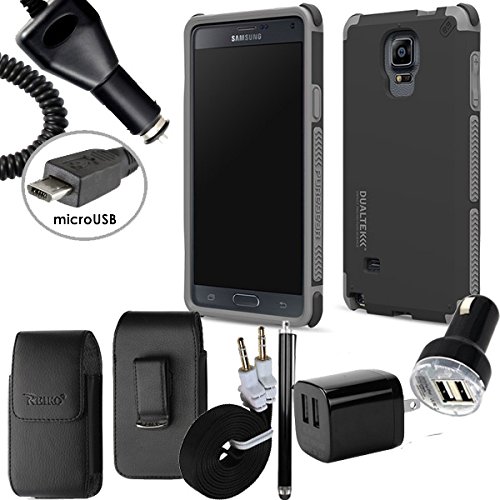 PureGear DualTek Black Rugged Extreme Shock Case for Samsung Galaxy Note 4. Comes with Vertical Leather Case that fits your phone with the Cover on it, 3pc USB Power kit: AUX Cord, Dual Car charger, Dual House charger and Car Charger.
