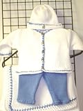Cpk673bk, Knitted on Hand Knitting Machine Bleached White Cardigan Sweater, Hat Trimmed By Hand Crochet with Denim Cotton Denim Cotton Pants and Blanket Newborns and Infants