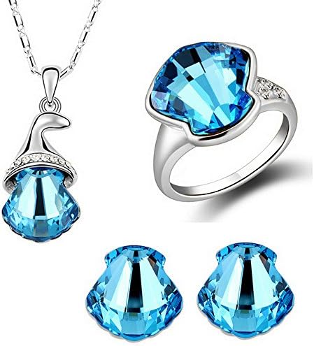 HSG Fashion Silver Ocean Blue Scallops Crystal Jewelry Sets Shell necklace earrings ring JM2356