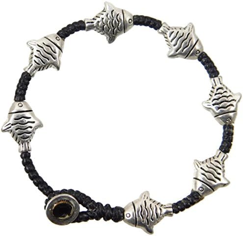 Strand Bracelet: Embellished Black Waxed Linen (Fish)
