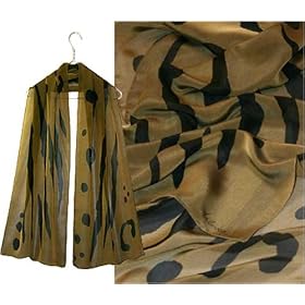 ULRIKE Wide Oblong Flat Crepe Silk Scarf - Black fantasy animal markings on a coffee brown ground that flashes golden highlights.
