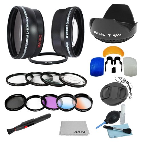 Essential Kit for NIKON DSLR (D7000 D5100 D5000 D3200 D3100 D3000 D90 D80) Includes: 52mm 0.45x Wide Angle & 2.0x Telephoto High Definition Lenses + Filter Kit (UV, Polarizing, Fluorescent) + Macro Close Up Set + Tulip Flower Lens Hood + Center Pinch Lens Cap (w/ Cap Keeper) + 2 Graduated Color Filters (Warming, Blue) + Flash Diffuser Set + Deluxe Cleaning Kit + Lens Cleaning Pen + Premium Goja Microfiber Cleaning Cloth