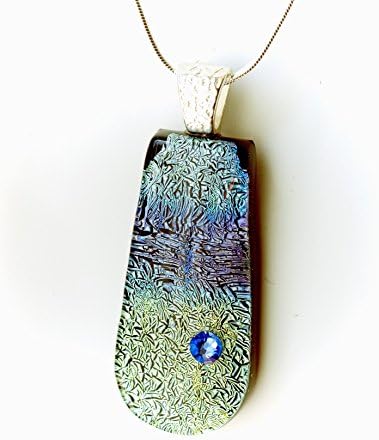 Teardrop Shape Pendant in Green Blue Dichroic Fused Glass with Accent of Blue Swarovski Crystal