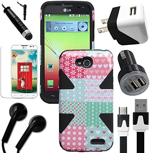 Celkits 7 Piece Accessory Bundle for T-Mobile LG Optimus L90 Dynamic Slim Hybrid Black Chic Hearts Case Cover, USB Car Charger Plug, USB Home Charger Plug, USB 2.0 Data Cable, Metallic Stylus Pen, Stereo Headset & Screen Protector (Celkits 7 Original Product)