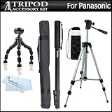 Tripod accessory Bundle Kit For Panasonic Lumix DMC-ZS15, DMC-ZS20, DMC-FH8, DMC-FH6, DMC-FH4, DMC-TS20, DMC-S2, DMC-S5, DMC-SZ1, DMC-SZ7, DMC-TS4 Digital Camera Includes 50 Inch Tripod w/ Case + 67 Inch Monopod w/ Case + 7 Gripster Flexible Tripod