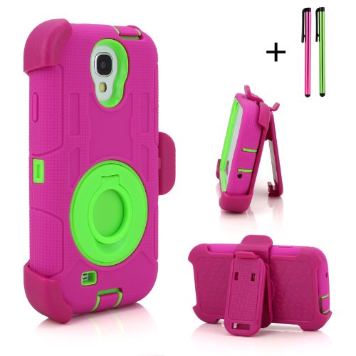 Cellular360 Ultra Shock&Drop-Proof Army-Grade Protective Case and Holster for Samsung Galaxy S4 / Samsung Galaxy S 4 IV - Extremly Protective Dual layer Case with 360 Degrees Swivel Ring Kickstand and Rugged Face-in and out Holster (Hot Pink and Green + Two Free Stylus)