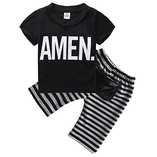 Little Boys Short Sleeve Letters Print T-shirt and Striped Shorts Outfit