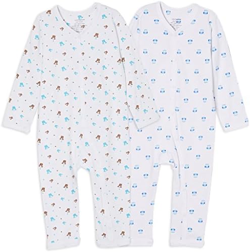 Kimki Organics Organic Cotton Baby Romper 6-12 Months, Blue Owls &amp; Teddy Bears 2 Pack