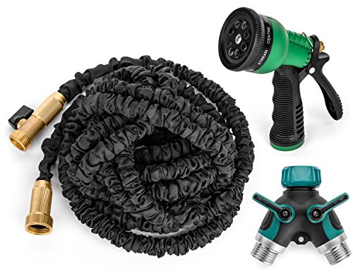 Premium 50' Expandable Hose, Best Expanding Garden Hose on the Market! Solid Brass Fittings, Double Latex Core, Heavy Duty Fabric, 3/4. Includes FREE Sprayer Nozzle and 2-Way Splitter