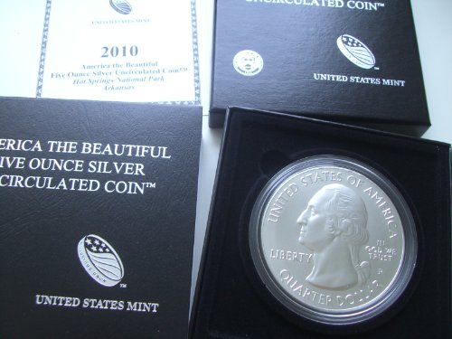 2010 P America The Beautiful Five Ounce Silver Uncirculated Coin Hot Springs National Park Arkansas ATB 5 oz