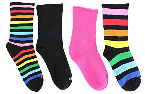 K. Bell Women's Socks Cotton Blend Roll Top (4 Pair Pack) One Size Stripes Solids