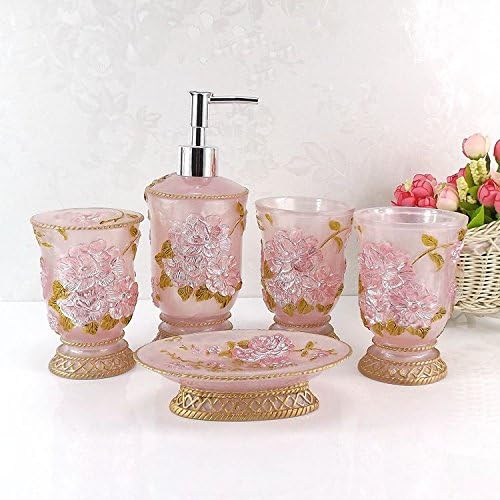High Grade Luxury 5 Pieces Bathroom Set Resin Bath Accessory With The 3D Rose Jacquard Home Decor,Wedding Gift