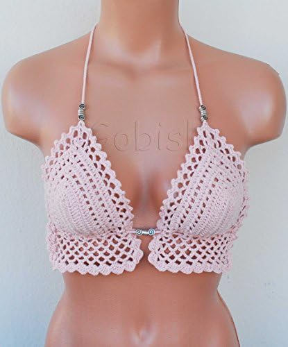 Handmade Crocheted Light Pink Color Top with small silver plated metal accessories, Crocheted Bralette, Ready to ship