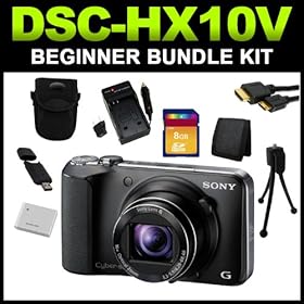 SONY Cybershot DSC-HX10V (Black) 18 MP 3.0 LCD 16X Optical Zoom Digital Camera Beginner Bundle Kit includes (Charger, Battery, 8GB SD Card, Tripod, Camera Case, Card Reader, Card Wallet & Cleaning Kit)