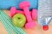 Sports Equipment - Dumbbells Water and Green Apple - 18"W x 12"H - Peel and Stick Wall Decal by Wallmonkeys