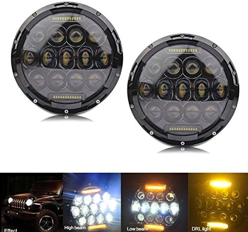 75W Headlight-7 Inch Round LED Headlight with Halo-Hi/ Lo Beam Phillips LED Headlight with Yellow DRL-for Jeep Wrangler JK CJ LJ(Pack of 2)