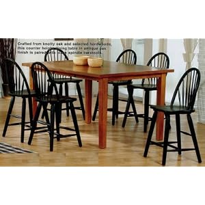 7pc Oak Wood Counter Height Dining Table and Black Spindle Bar Stool Set by