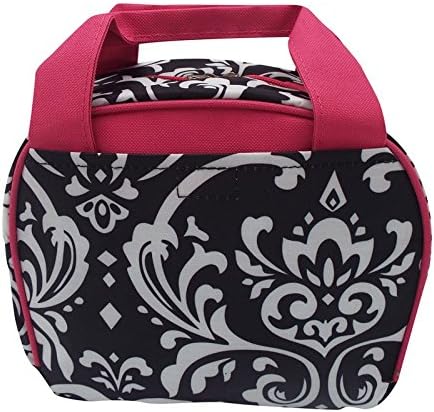 Womens Insulated Lunch Tote Bag (Black white Damask w/ Pink Trim)