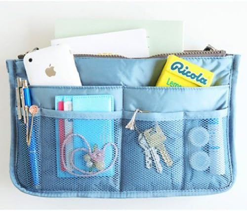 Nylon Handbag Insert Comestic Gadget Purse Organizer, Expandable w/ Handles (Blue)