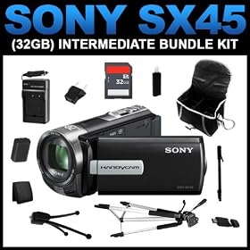 Sony DCR-SX45 Handycam Camcorder (Black) (32GB Intermediate Bundle Kit) includes Charger, Battery, 32GB SD Memory Card, Carrying Case, Full Size Tripod, Monopod, Mini Tripod, Card Reader, Card Wallet, Cleaning Kit - (DCRSX45/B)