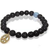 Lava Rock Stretch Bracelet with Peace Sign Charm & Blue Rhinestone Bead Accent