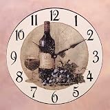 Wood Wine Bottle Grapes Round Decorative Wall Clock