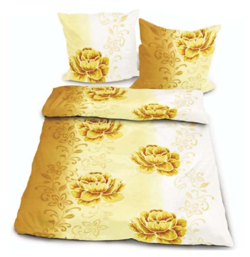 Kinzler B-02638/08 Flanell Bettw&auml;sche Roma 80 x 80 cm und 135 x 200 cm und Spannbetttuch 100 x 200 cm, 3-teilig, gold