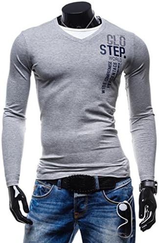 Cashsun Men's Casual Slim Long Sleve V Neck Letter Pattern T-shirt Top, Grey M
