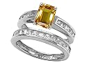 3.00 cttw Sterling Silver 14K White Gold Plated Genuine Emerald Cut Citrine Wedding Set - Gold Plated Silver