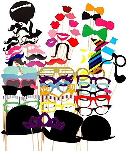 58Pcs Photo Booth Props DIY Kit for Wedding Party Reunions Birthdays Photobooth Dress-up Accessories &amp; Party Favors, Costumes with Mustache on a stick, Hats, Glasses, Mouth, Bowler, Bowties