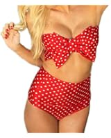 ReliBeauty Retro Polka Dot Bow Bandeau Top High Waisted Swimsuit