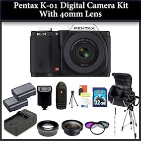 Pentax K-01 Digital Camera Kit. Package Includes: Pentax K-01 with 40mm Lens (Black), 0.45X Wide Angle Lens, 2X Telephoto Lens, 3 Piece Filter Kit(UV-CPL-FLD), 32GB Memory CArd, 2 Extended Life Replacement Batteries and More..!