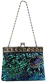 Blue Antique Beaded Sequin Turquoise Sunburst Clutch Evening Handbag Purse w/ 2 Detachable Chains