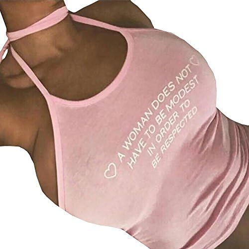 Yaguirre Women's Sexy Sleeveless Halter Letter I Have No Tits Crop Tank Tops Pink Small