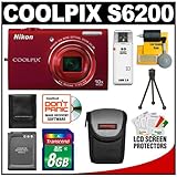 Nikon Coolpix S6200 Digital Camera (Red) with 8GB Card + Battery + Case + A ....