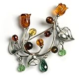 Certified Genuine Multicolor Amber and Sterling Silver Rose Pin