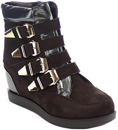 AFFINO BOTCH-112 Woman's Buckle Strap Side Zip Wedges Sneakers High Top Booties, Color:COFFEE, Size:10