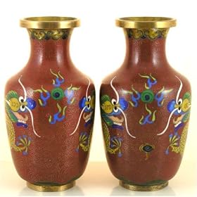 Vintage Collectible Pre-Owned Brick Red near Miror Image Cloisonne Vases 6-3/8