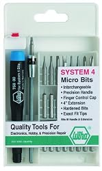 Wiha 75992 System 4 Precision Interchangeable Bit Set, Torx, Slotted, Phillips, Hex Inch, ESD Safe Precision Handle, 27 Piece In Compact Box