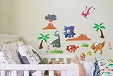 Colorful Dinosaurs with Volcano and other scenery stickers - Removable Decoration Wall Sticker Decal. cute wall art wall quote wall saying