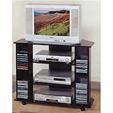IMAGE OF Corner TV Stand with CD Rack and Casters in Black Finish
