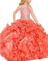 Girls Floor Length Beaded Lace  Organza Halter Sleeveless  Ball Gown Pageant Dress 