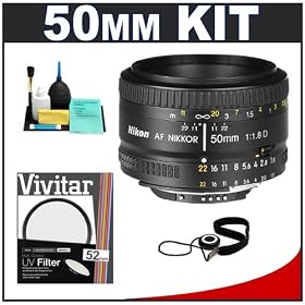 Nikon 50mm F 1.8D AF Nikkor Lens + UV Filter + Accessory Kit for Nikon D3, D3x, D300, D200, D90,... by