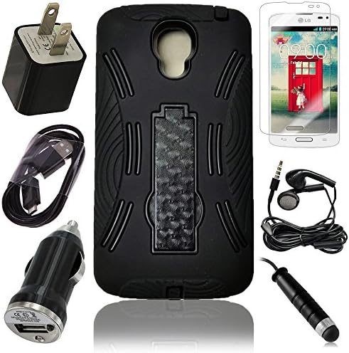 Celkits 7 Item Bundle for LG Volt S740 Black Shock Proof Rugged Kickstand Case, USB Car Charger Plug, USB Home Charger Plug, USB 2.0 Data Cable, Metallic Stylus Pen, Stereo Headset & Screen Protector (7 Items) Retail Value: $89.95