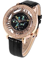 Rose Gold Case Transparent Crystal Lady Women Black Leather Quartz Wrist Watch WK1150