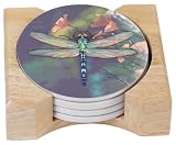 CounterArt Dragonfly Design Round Absorbent Coasters in Wooden Holder, Set of 4