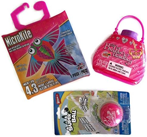 Tropical Butterfly Fish Bubbling Bubbles Super Ball Bouncing Flying Outdoor Activity Bundle - Three Items: One Micro Tropical Butter Fish Kite, One Pink Blowing Bubble Handbag & One Pink Wham-O Super Ball