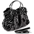 AUDREY Black Glitz Rectangle Sequin-Embellished PU Patent Leather HandBag Purse Evening Satchel Bag